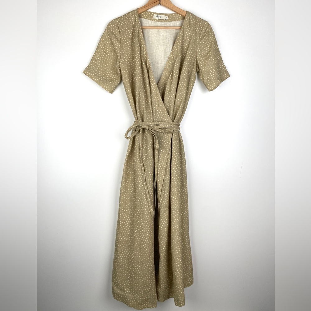 Magic Linen 100% Linen Beige Polka Dot Midi Dress